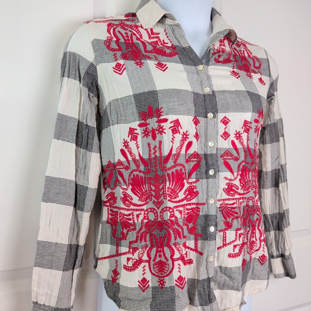 Western Red Embroidered Plaid Button Down Shirt Black White Size XS‎